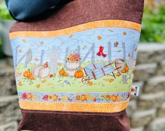 Harvest Fall Brown and Orange Tote Bag, Handmade Quilted Tote Bag, Book Bag, Reusable