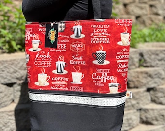 Handmade Tote Bag, Wake up and Smell Coffee, Quilted Book Bag, Reusable Gift or Shopping Bag