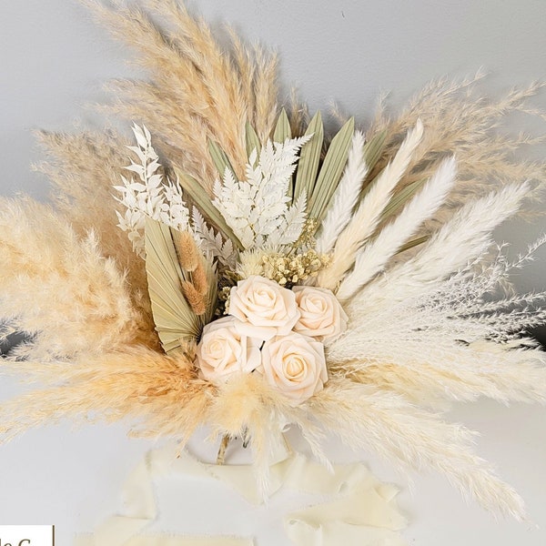 Boho Wedding Bouquet with Pampas, Forever Bouquet, Rustic Wedding, Bridal Bouquet, Bridesmaid Bouquet, Cream Flower Bouquet, Dried Bouquet