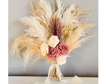 Rose Pink Boho Wedding Bouquet Fall Wedding Bouquet Bridesmaid Bouquet Dried Flowers Bridal Bouquet Boutonniere Preserved Flower Bouquet