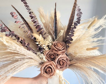 Terracota y pluma de faisán Pampas hierba ramo flores de boda, ramo de flores secas novia y damas de honor ramo Boho ramo