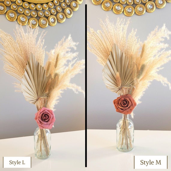 SET : Gold Hand Painted Glass Vase 20 Cream Pampas Grass Stems Boho Decor  Wedding Centerpiece Holiday Decor Gift Idea 