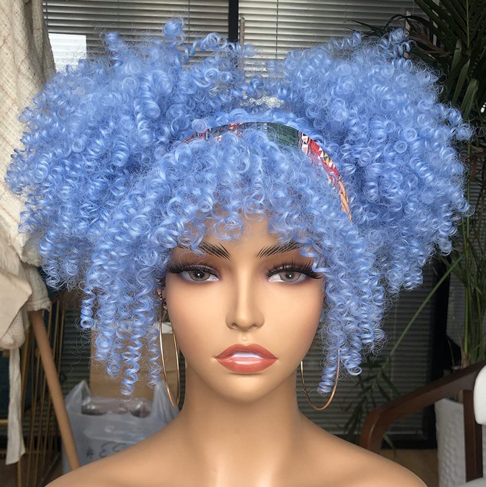 Sky Blue Curly Afro Style Synthetic Wig Etsy