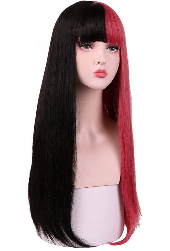 Black and Rose Pink 18 Inch Wig With Bangs Etsy