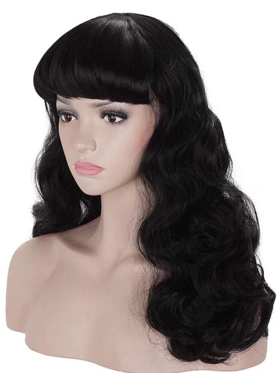 Black Pinup Rockabilly Style Wig With Bangs Etsy