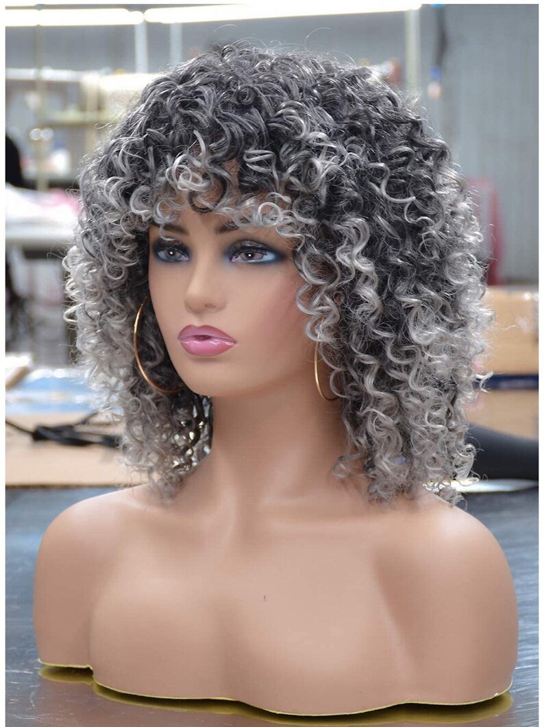 Curly afro synthetic Gray ombre wig Etsy