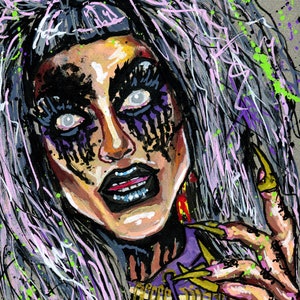 May include: A colourful illustration of a person with long, grey and pink hair, wearing dark eye makeup and a purple shirt with the word "TERROR" printed on it. The person has long, sharp, yellow fingernails.