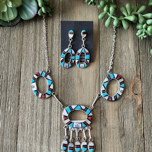 Navajo Made Multi Stone & Sterling Silver Inlay Necklace Set