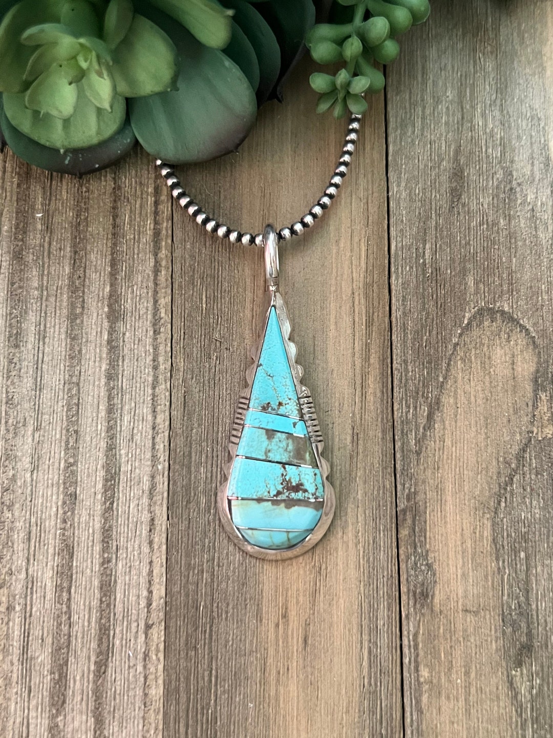 Navajo Made 8 Turquoise & Sterling Silver Inlay Pendant - Etsy