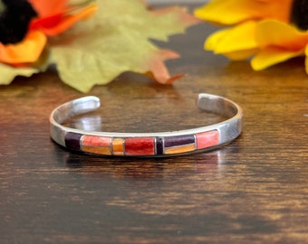 Navajo Made Multi Stone & Sterling Silver Inlay Cuff Bracelet