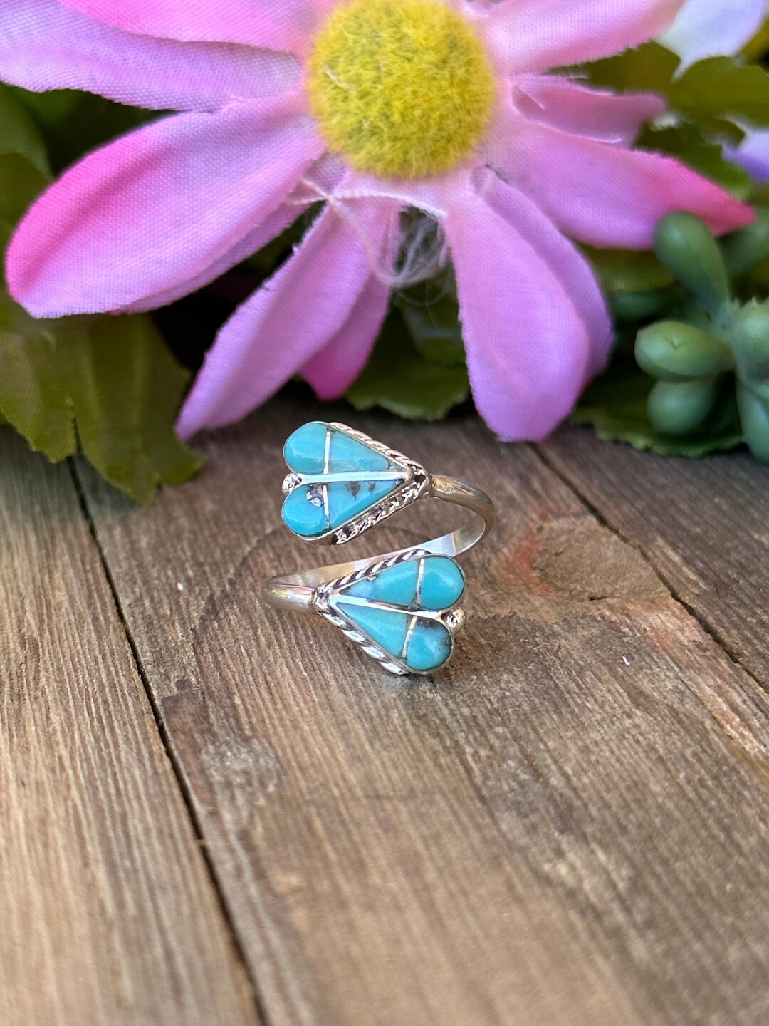 Zuni Made Kingman Turquoise & Sterling Silver Heart Adjustable Ring - Etsy