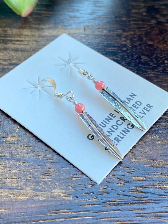 Navajo Made Pink Coral & Sterling Silver Feather … - image 3