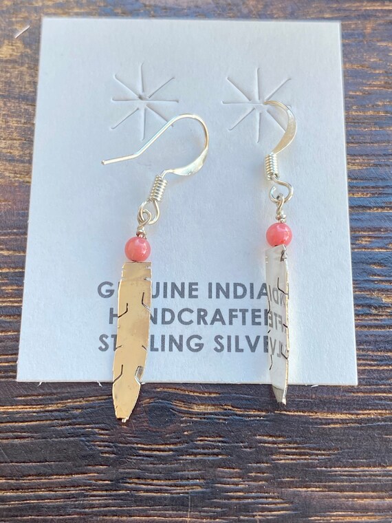 Navajo Made Pink Coral & Sterling Silver Feather … - image 5