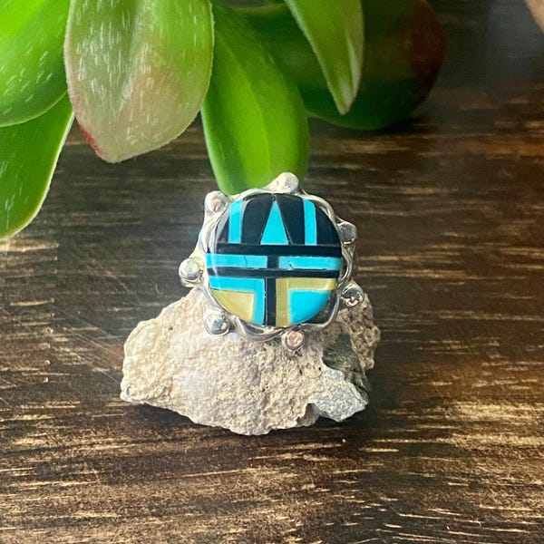 Zuni Made Multi Stone & Sterling Silver Inlay Ring Size 6.5