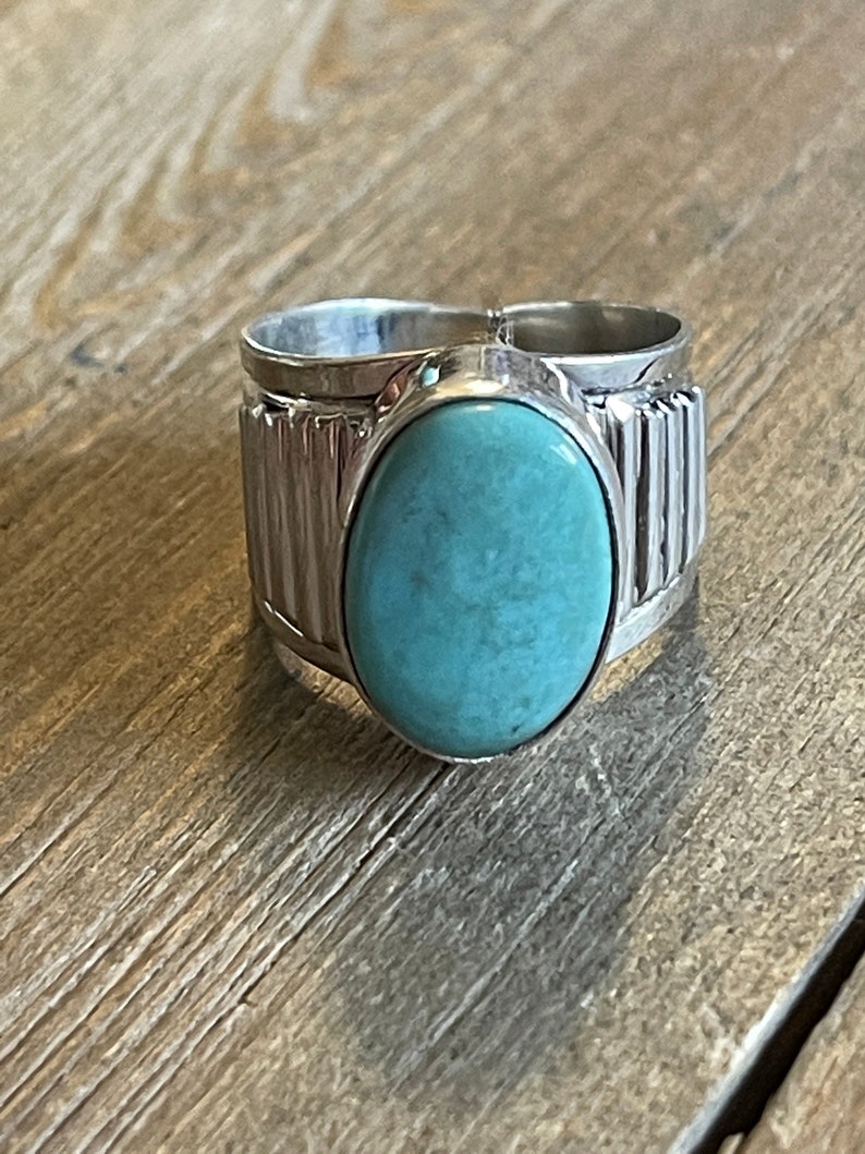 Navajo Inlay Kingman Turquoise & Sterling Silver Ring Sz 10 