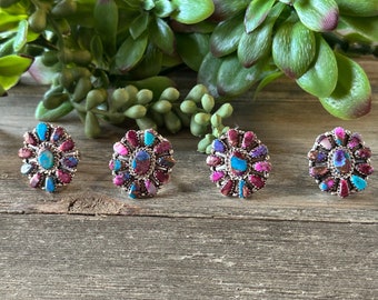 Navajo Made Pink Mohave Turquoise & Sterling Silver Cluster Ring