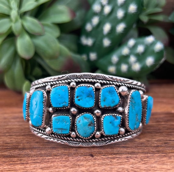 Marie Thompson Signed Native American Navajo Turquoise Inlay Sterling Silver Bracelet Marie Thompson Signed Native American Navajo Turquoise Inlay Sterling Silver Bracelet