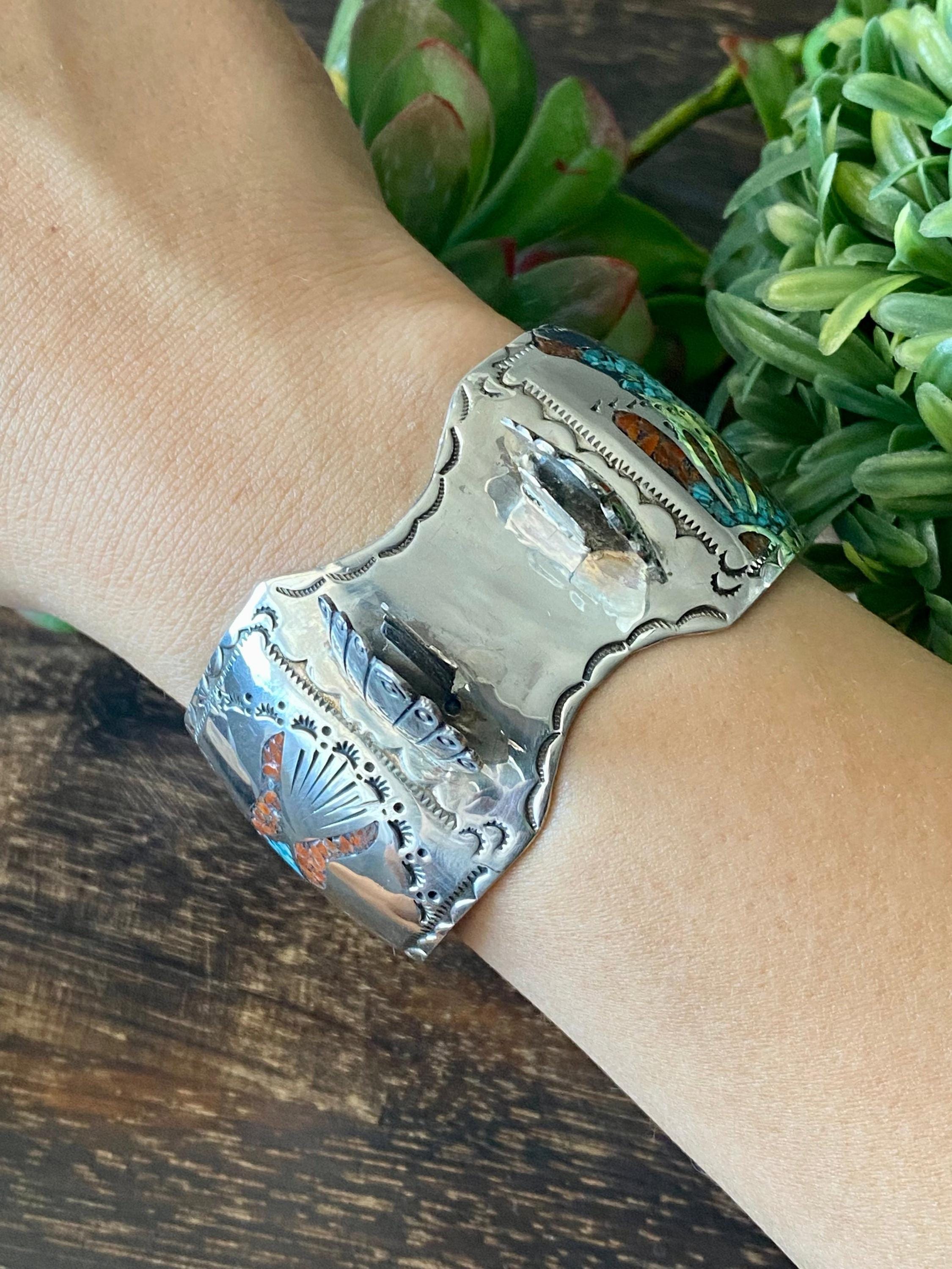 Vintage Navajo Made Turquoise & Coral Sterling Silver Watch Cuff ...