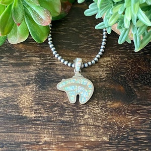 Navajo Made White Opal & Sterling Silver Inlay Bear Pendant