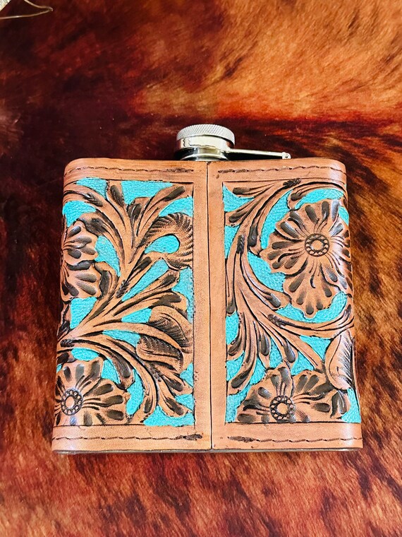 Genuine Tooled Leather 16 oz Flask - image 5