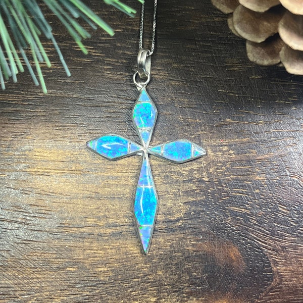 Zuni Made Opal (Man Made) & Sterling Silver Cross Inlay Pendant