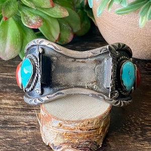 Vintage Navajo Made Kingman Türkis & Koralle Sterlingsilber Armbanduhr Manschette Armband
