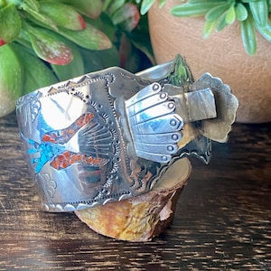 Vintage Navajo Made Turquoise & Coral Sterling Silver Watch Cuff Bracelet