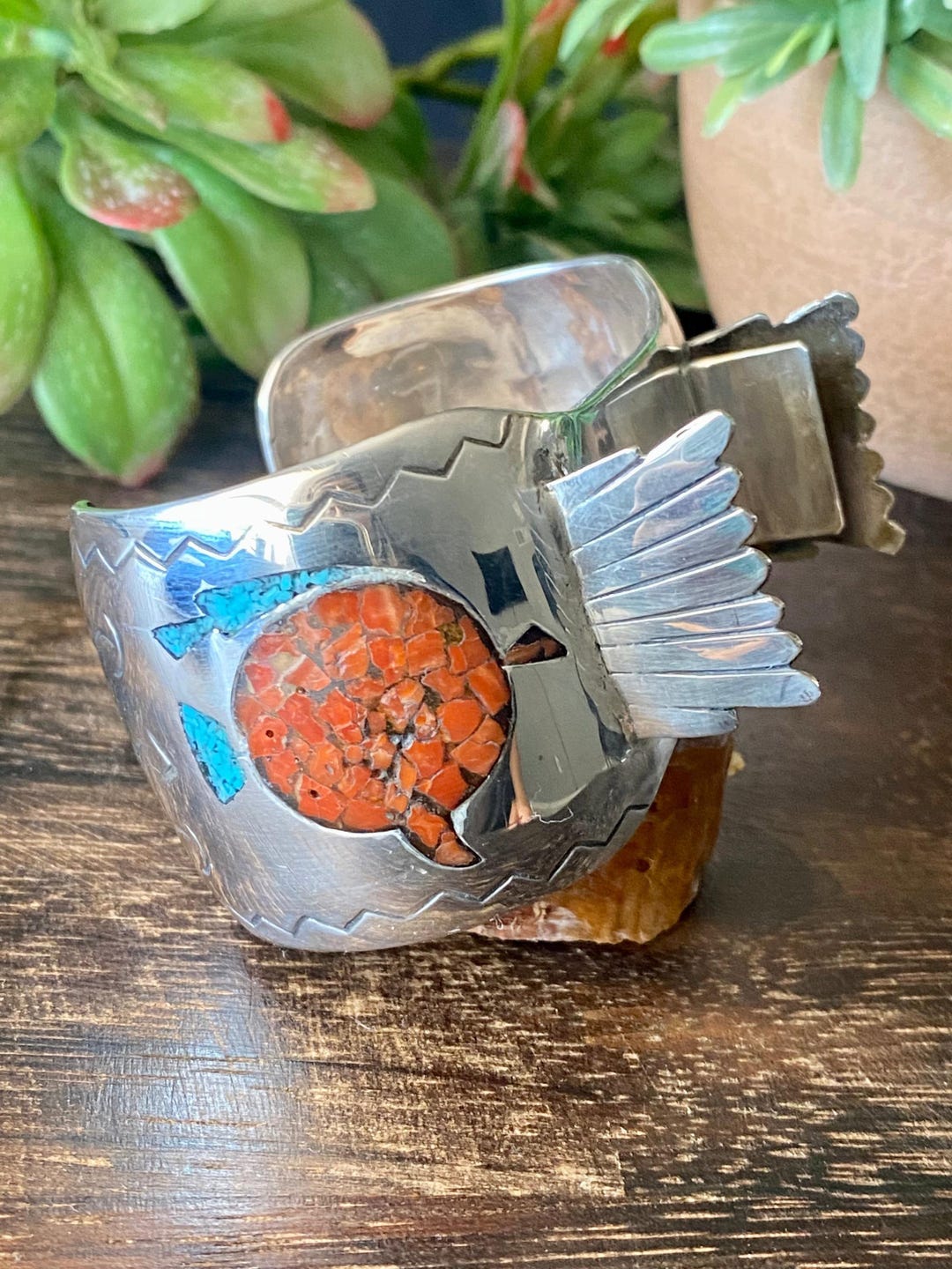 Vintage Navajo Made Turquoise & Coral Sterling Silver Watch Cuff ...
