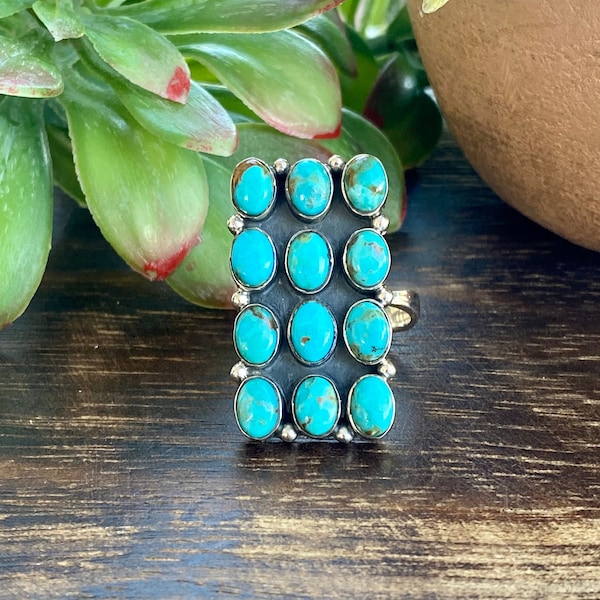 Southwest Handmade Kingman Turquoise & Sterling Silver Adjustable Cluster Rings