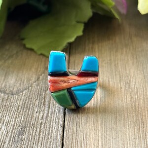 Navajo Made Multi Stone & Sterling Silver Inlay Horseshoe Ring Size 7.75