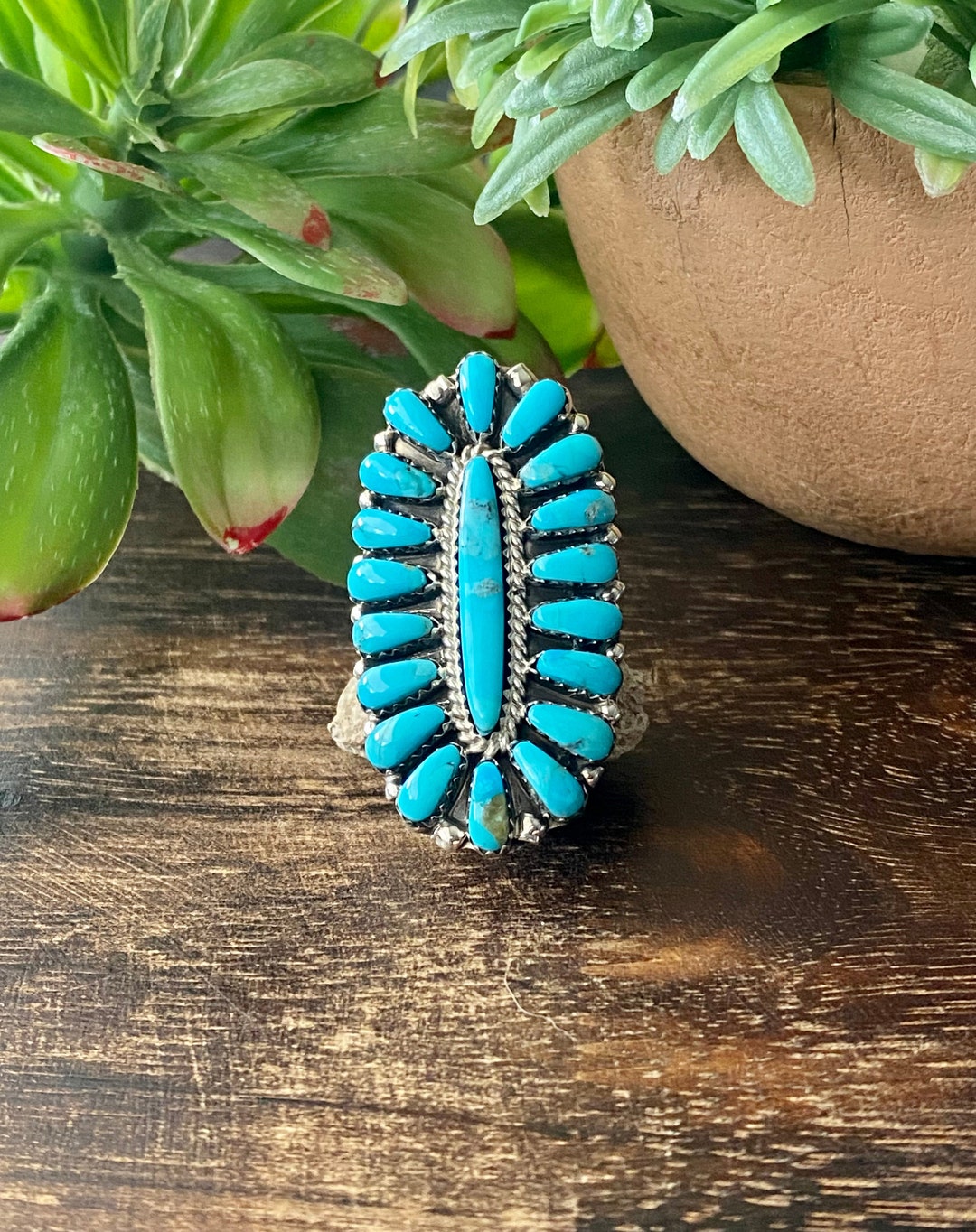 Navajo Made Kingman Turquoise & Sterling Silver Cluster Ring Size 9.25 ...