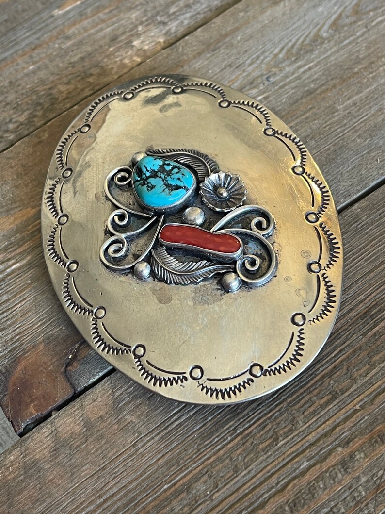 Vintage Navajo Turquoise /& Coral Sterling Silver Men\u2019s Belt Buckle