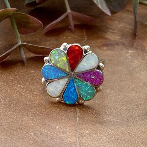 Zuni Made Multi Stone & Sterling Silver Inlay Ring Size 7