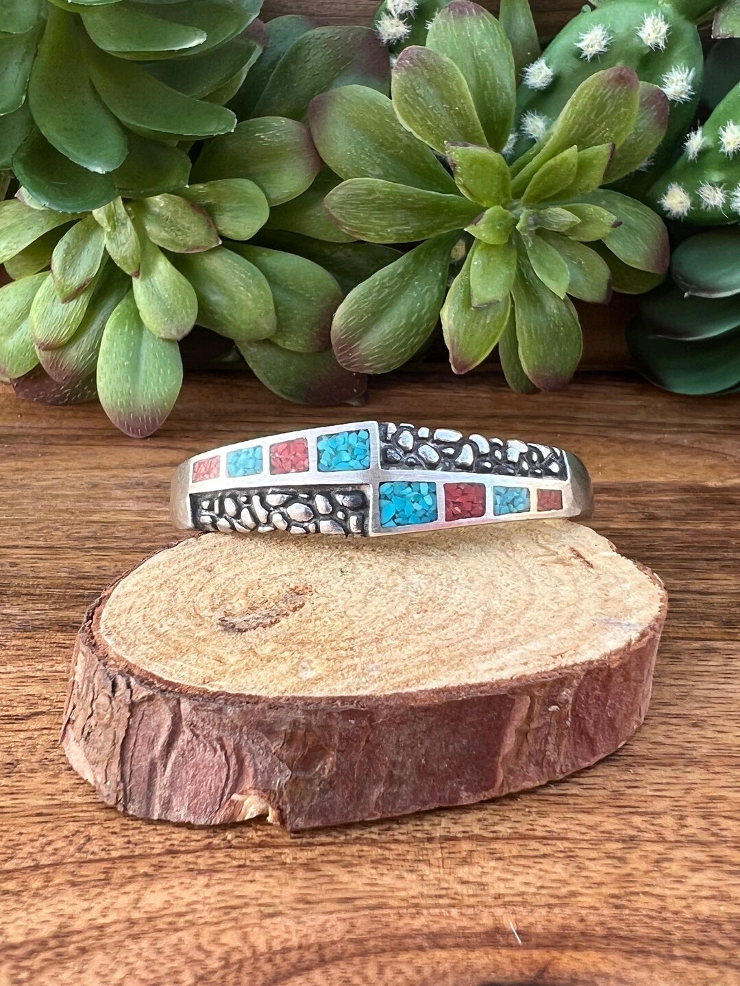 Vintage Navajo Turquoise & Coral Sterling Silver Flake Cuff Bracelet - Etsy
