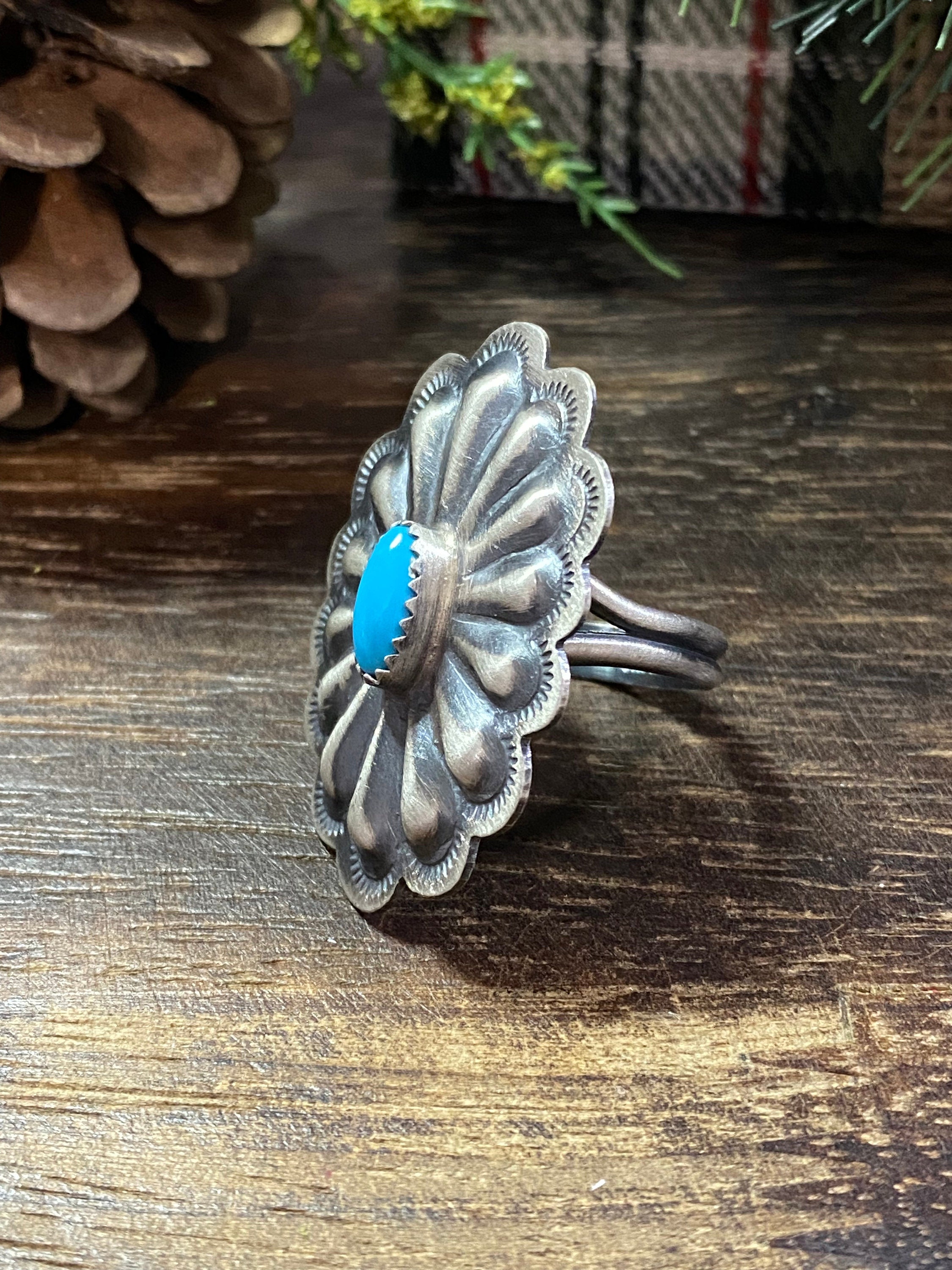 Navajo Made Kingman Turquoise & Sterling Silver Concho Rings - Etsy