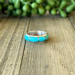 Navajo Handmade Kingman Turquoise & Sterling Silver Inlay Ring