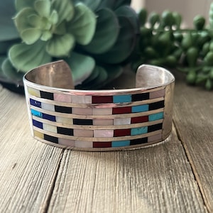 Zuni Made Multi Stone & Sterling Silver Inlay Cuff Bracelet