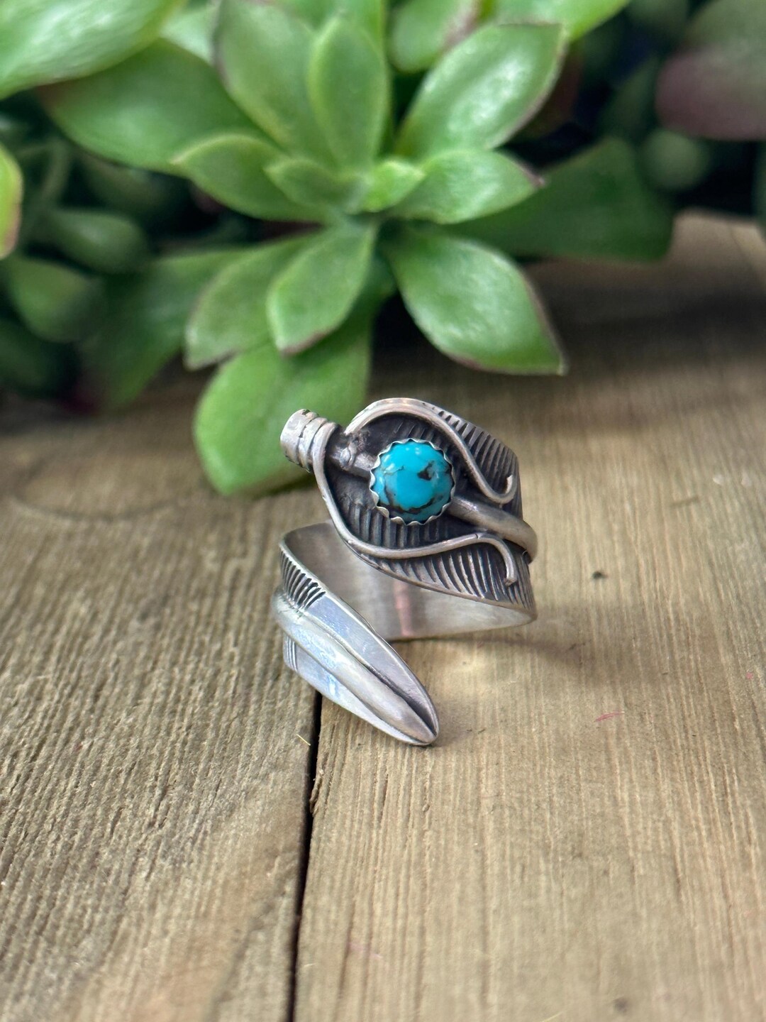 Navajo Made Kingman Turquoise & Sterling Silver Feather Adjustable Ring ...
