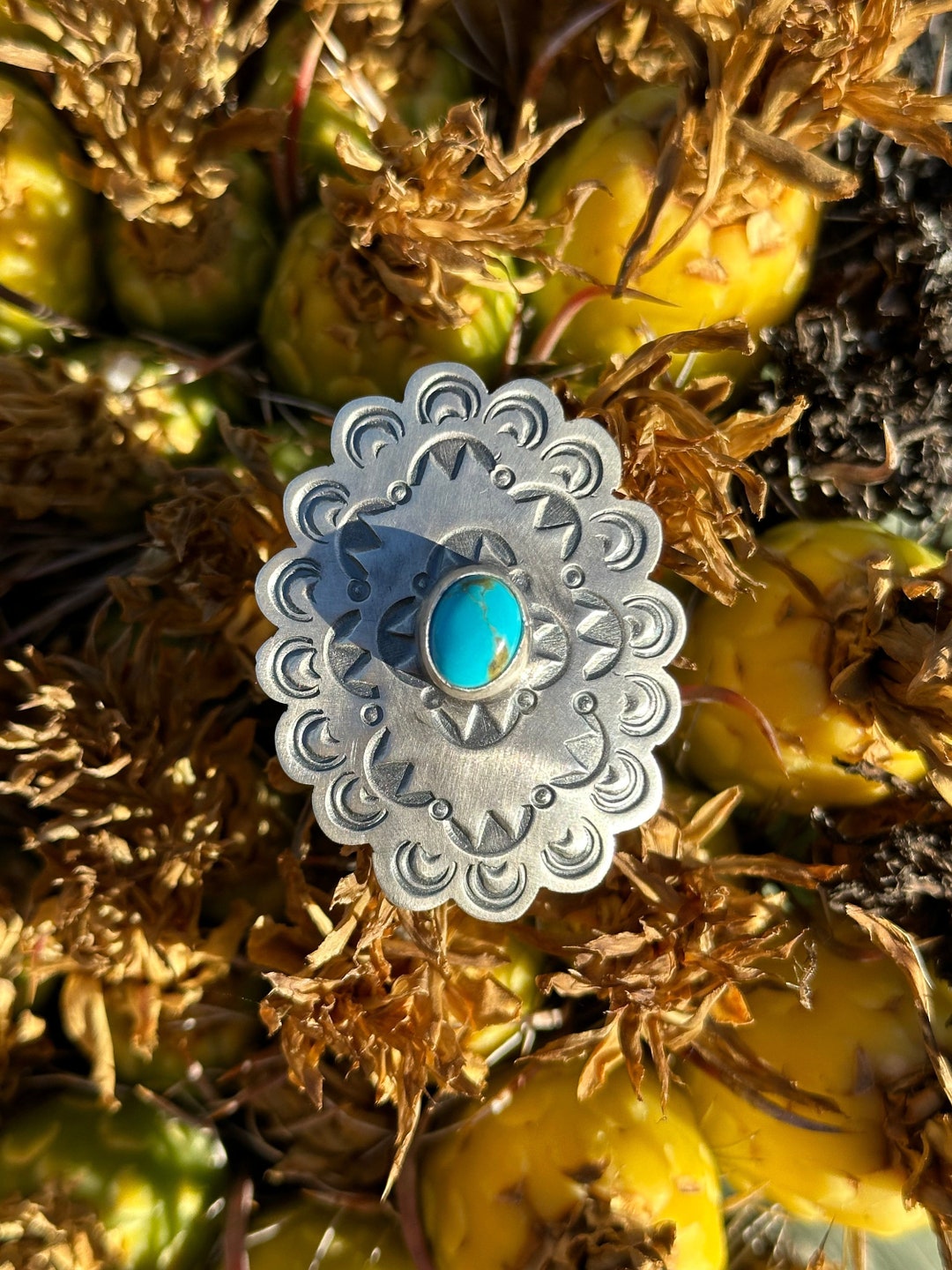 Navajo Made Kingman Turquoise & Sterling Silver Concho Ring Size 6.75 ...