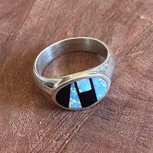Navajo Opal & Onyx Sterling Silver Inlay Ring 5.25