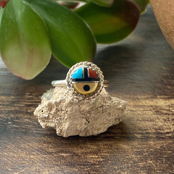 Zuni Made Multi Stone & Sterling Silver Sunface Inlay Ring