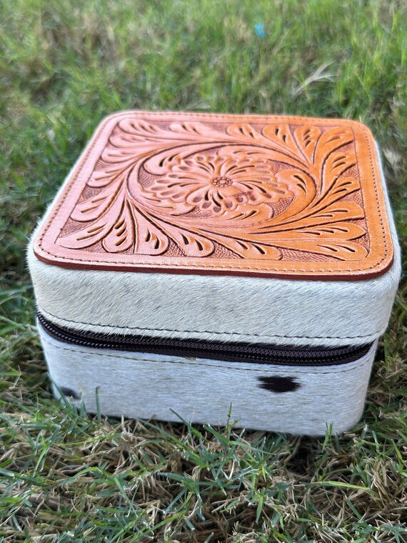 Genuine Tooled Leather Cowhide Jewelry Box Gem