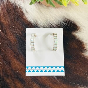 Navajo Made White Opal & Sterling Silver Hoop Earrings