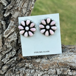 Navajo Handmade Pink Conch & Sterling Silver Post Earrings