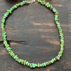 May include: A necklace composed of numerous small, irregular, tumbled turquoise-colored stone chips in shades of bright green and teal. The stones are strung together in a continuous circular strand, secured by a small silver-toned metal lobster claw clasp.
