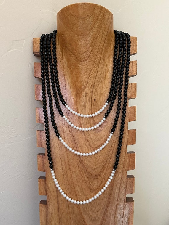 Navajo Strung Onyx and Fresh Wayer Pearls & Sterl… - image 1