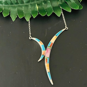 Navajo Made Multi Stone & Sterling Silver Inlay Necklace