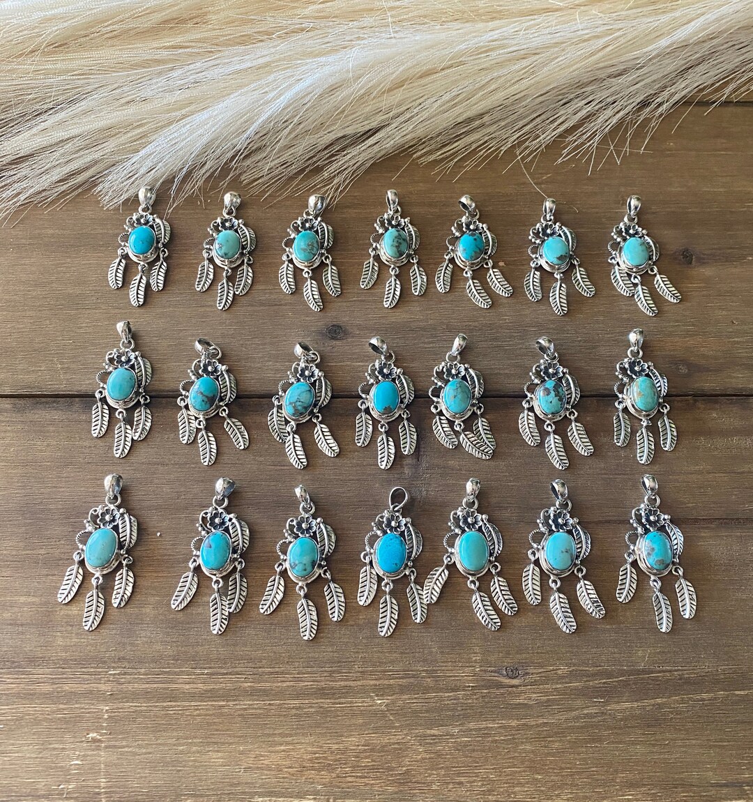 Southwest Handmade Kingman Turquoise & Sterling Silver Feather Pendant ...