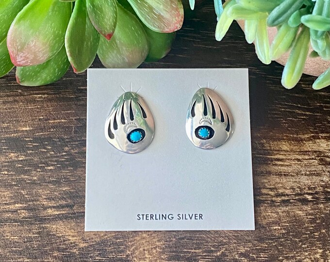 Navajo Made Kingman Turquoise & Sterling Silver Bear Claw Post Earrings ...
