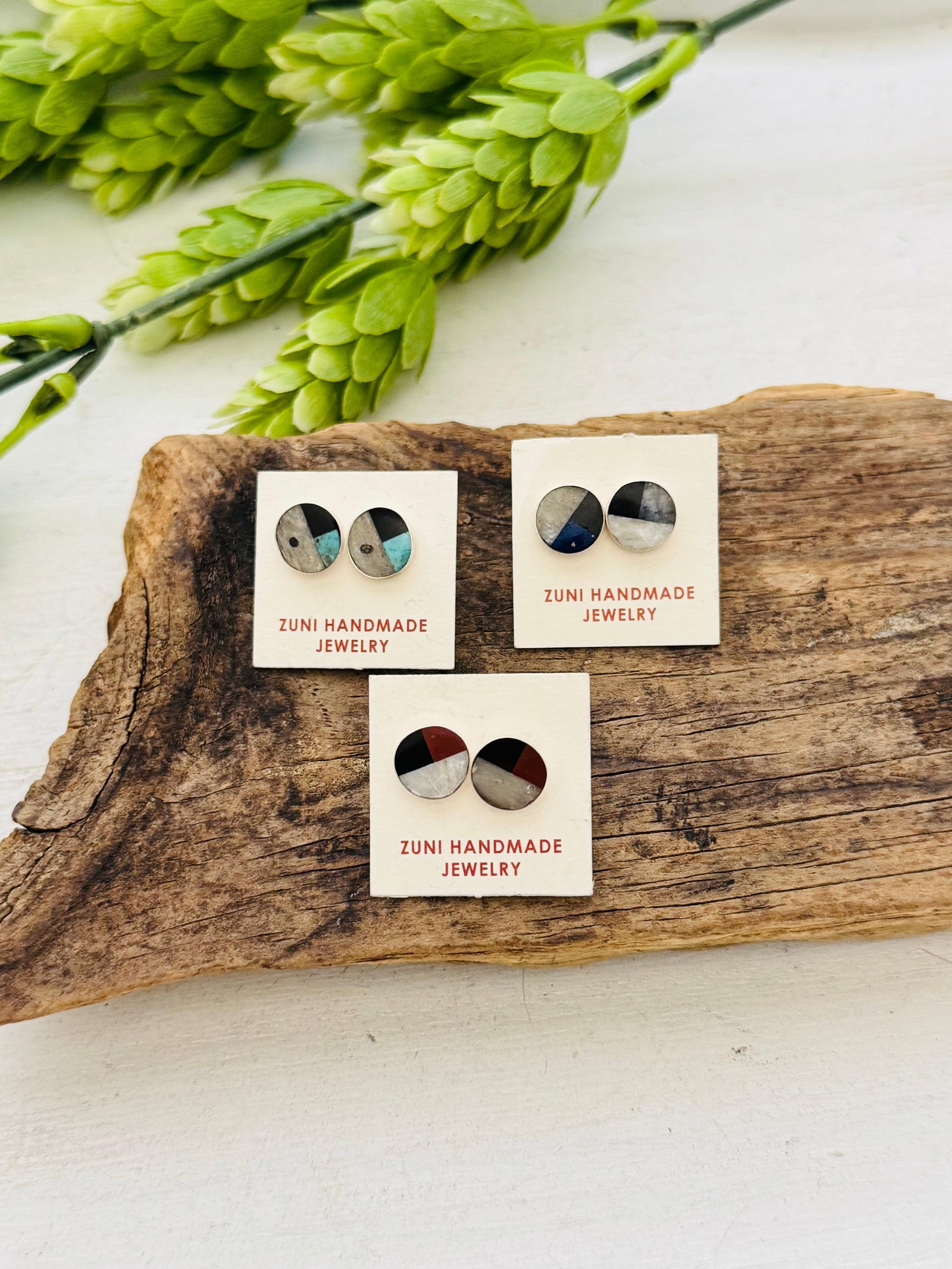 Boucles D'oreilles Zuni Artisanales En Argent Sterling - Pierres Multiples - Fait Main Aux États-Unis - Neuf